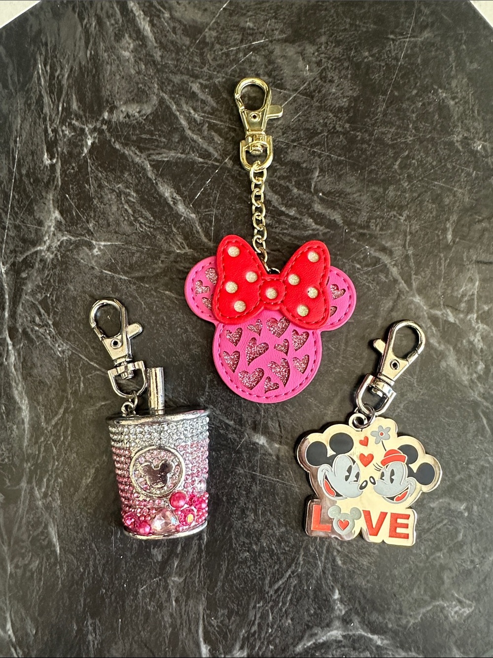 Disney Pink Minnie Mouse Bow Keychain Charm Set with Glitter Drink & Love Charm